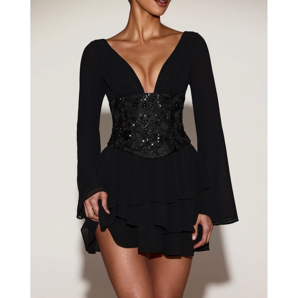 Oh Polly Black Long‎ Sleeve Mini Dress Sequin Corset Tiered Ruffle US 2 New